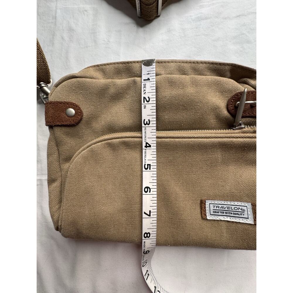 TRAVELON Brown Canvas & Tan Suede Crossbody Shoulder Bag Pockets - Picture 12 of 12